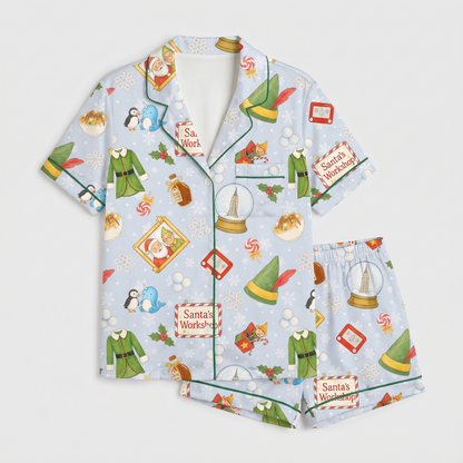 Blue North Pole Elf Inspired Women's Pajama Set - flat lay