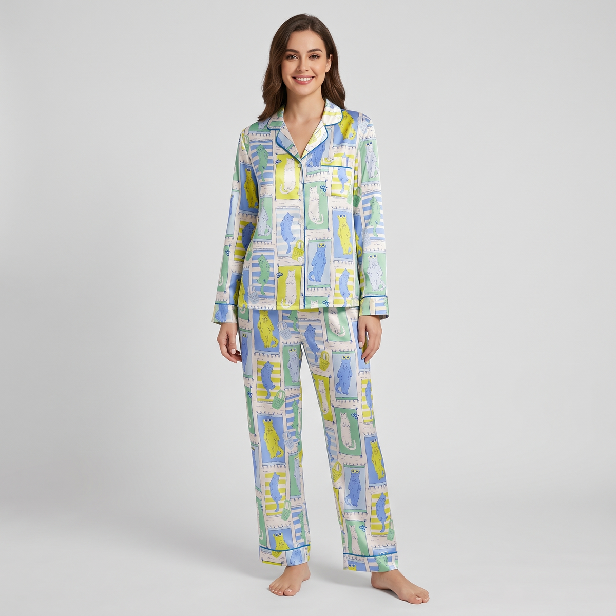Lounging Kitty Tiles Women's Pajama Set - long sleeve and pants