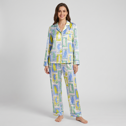 Lounging Kitty Tiles Women's Pajama Set - long sleeve and pants