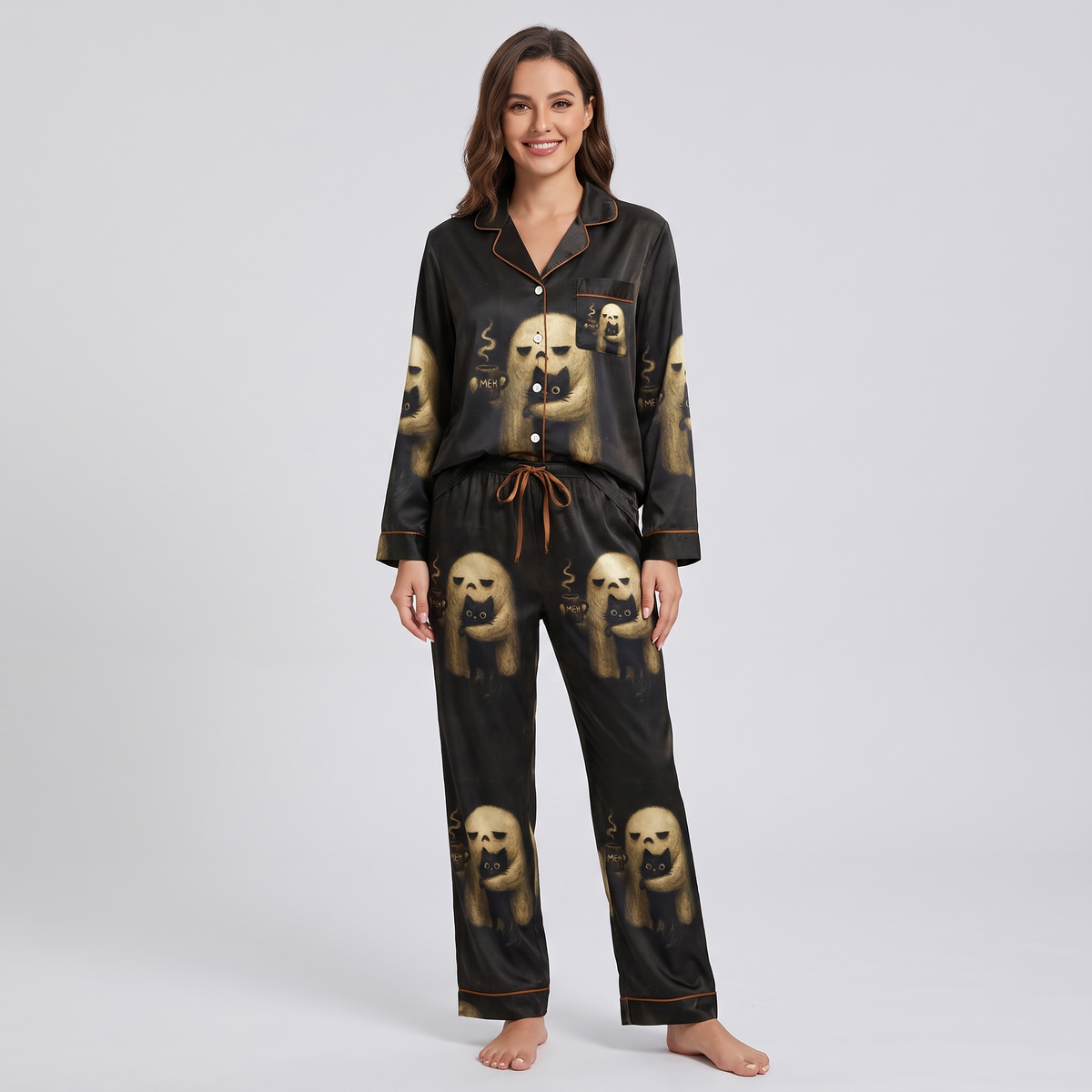 Moody Ghost and Cat Women's Pajama Set - long sleeve and pants