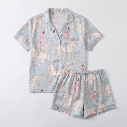 Dusty Blue Ballet Horses Women's Pajama Set - flat lay