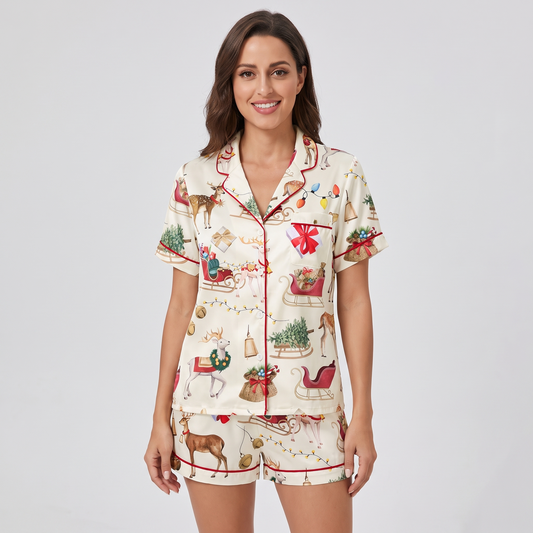 Watercolor Reindeer Sleigh Women's Pajama Set - short sleeve and shorts