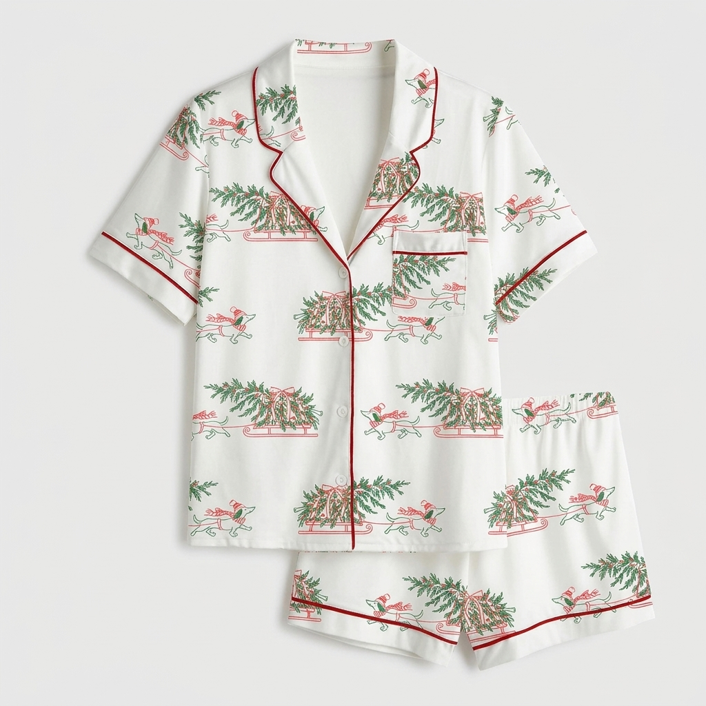 Women's satin pajama set with sketched dachshunds pulling sleighs under pine garlands on white - flat lay