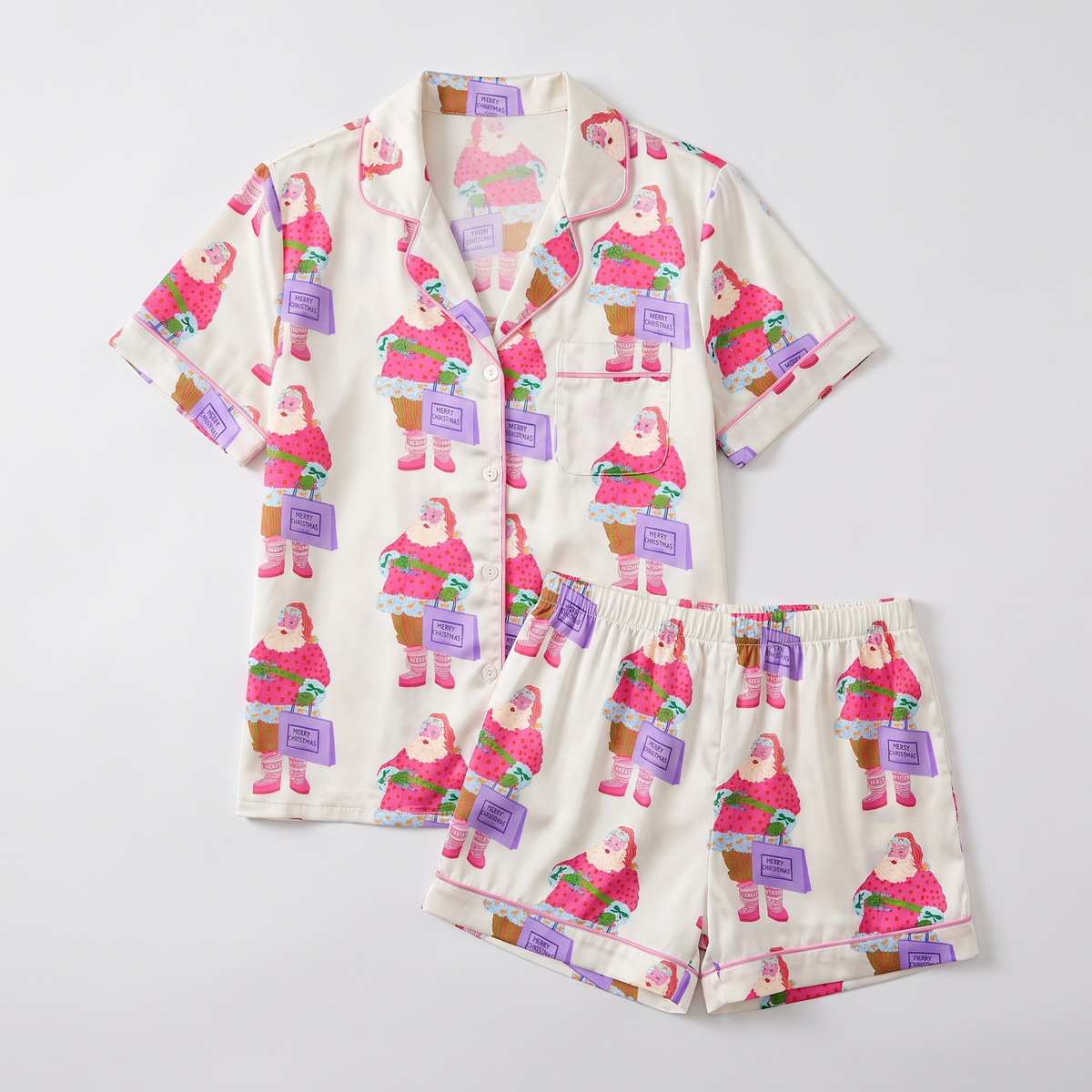 Pink Santa Shopping Spree Women's Pajama Set - flat lay