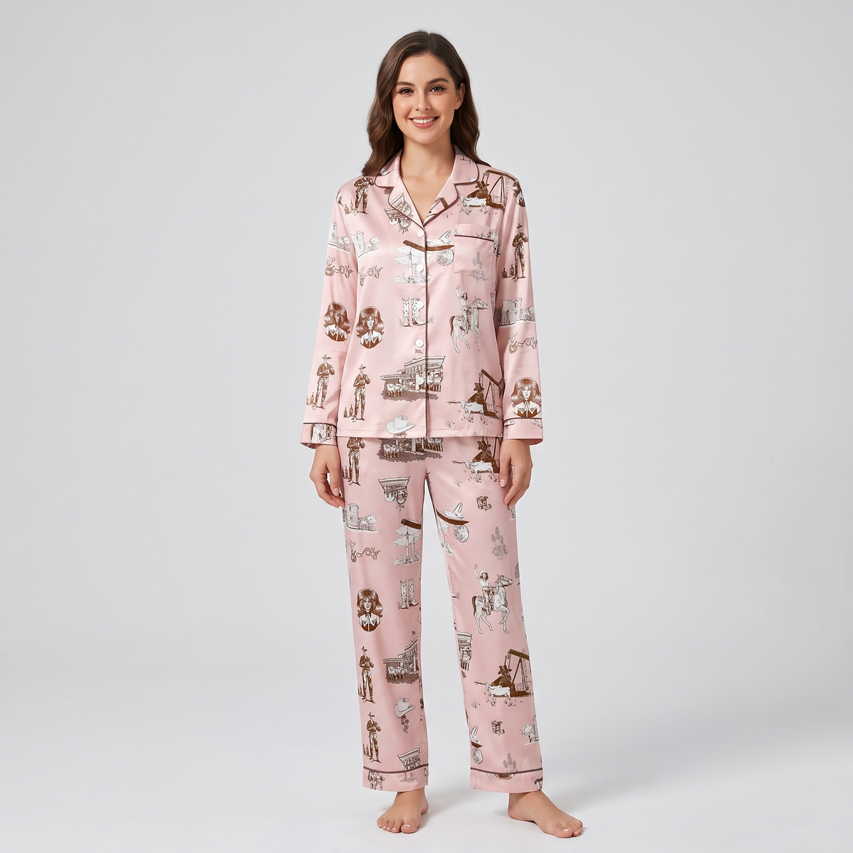 Blush Western Toile Horse Women's Pajama Set - long sleeve and pants