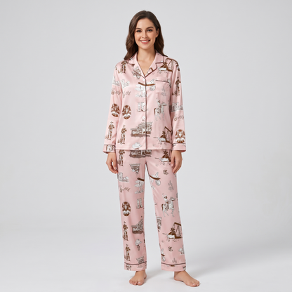 Blush Western Toile Horse Women's Pajama Set - long sleeve and pants