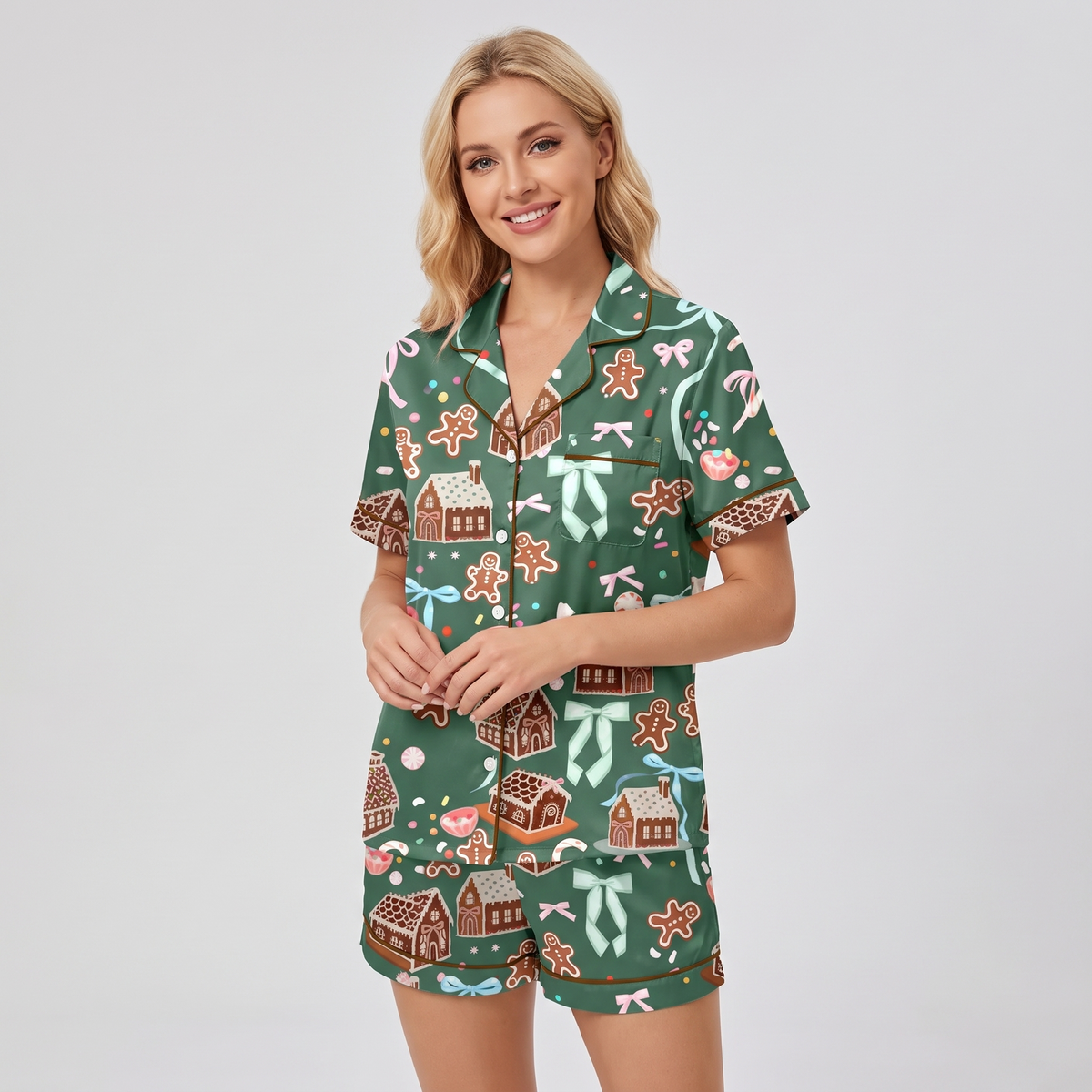Green Gingerbread Village Women's Pajama Set - short sleeve and shorts