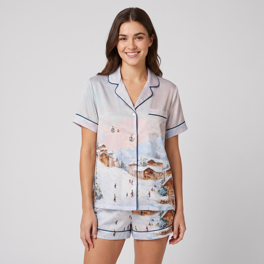 Ski Resort Wonderland Women's Pajama Set - short sleeve and shorts