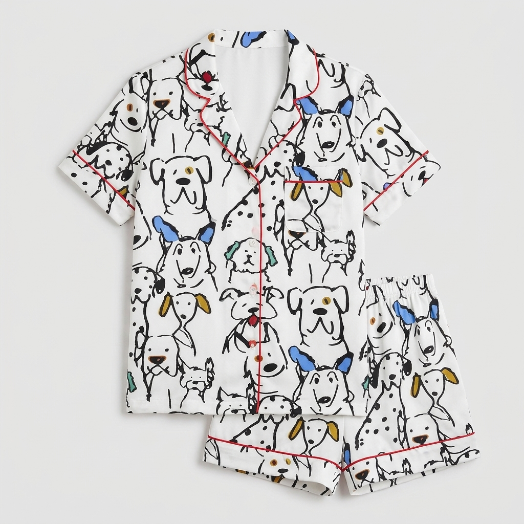 Women's long-sleeve satin pajama set with dalmatians and line-drawn dogs in black ink on white - flat lay