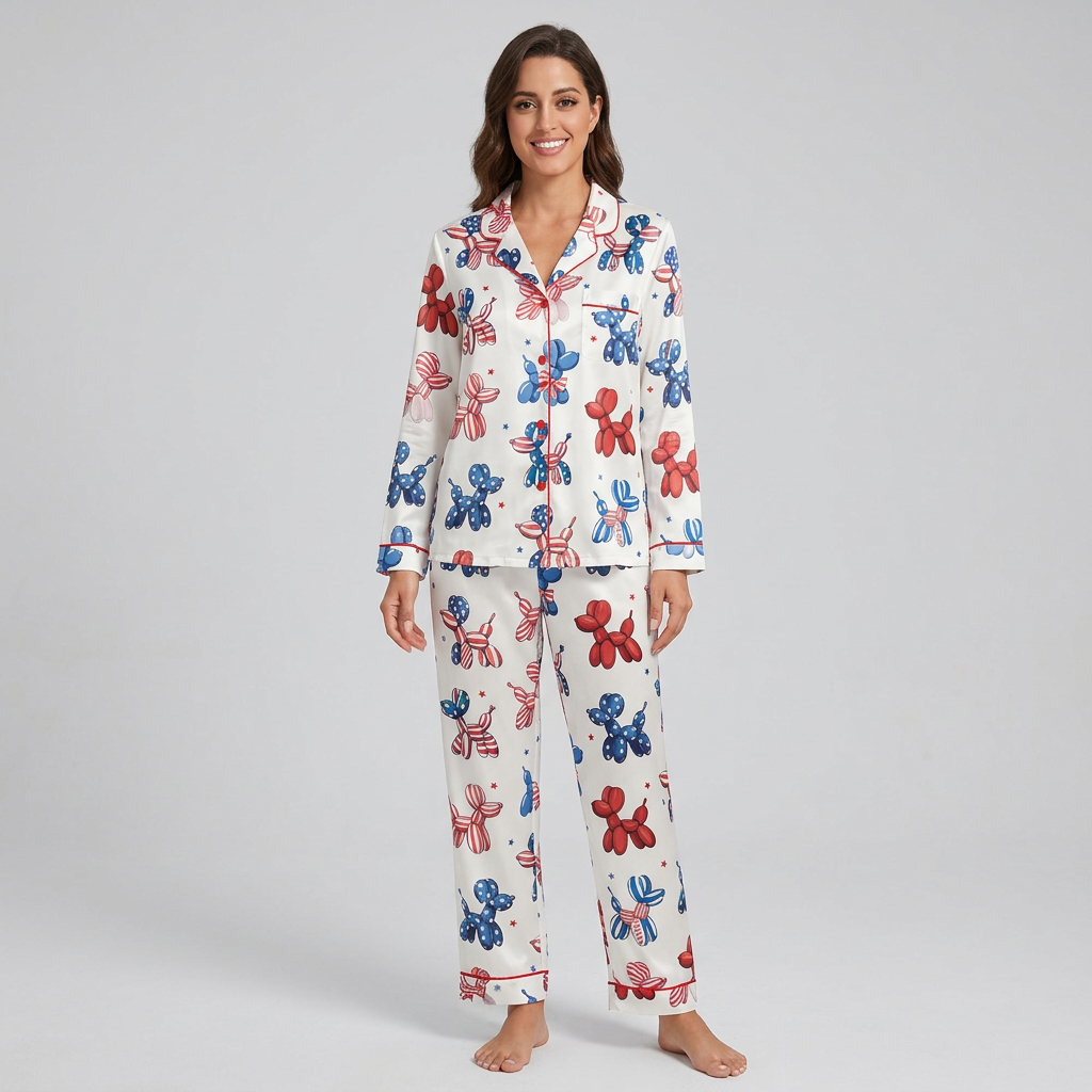 Women's satin pajama set with red, white and blue balloon dogs and confetti stars on white - long sleeve and pants