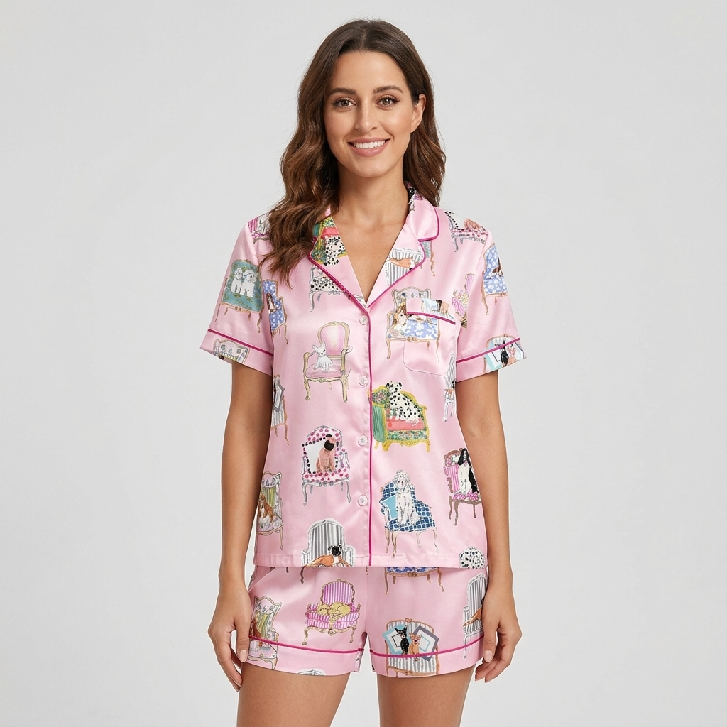 Women's satin pajama set with dogs on watercolor antique armchairs on pale pink with hot pink piping - short sleeve and shorts