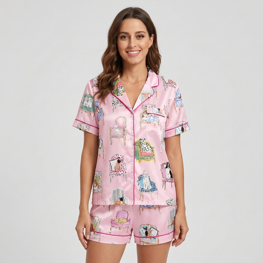 Women's satin pajama set with dogs on watercolor antique armchairs on pale pink with hot pink piping - short sleeve and shorts