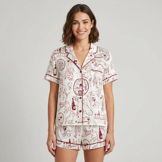 Women's satin pajama set with dogs, wine bottles and glasses in burgundy line art on white - short sleeve and shorts