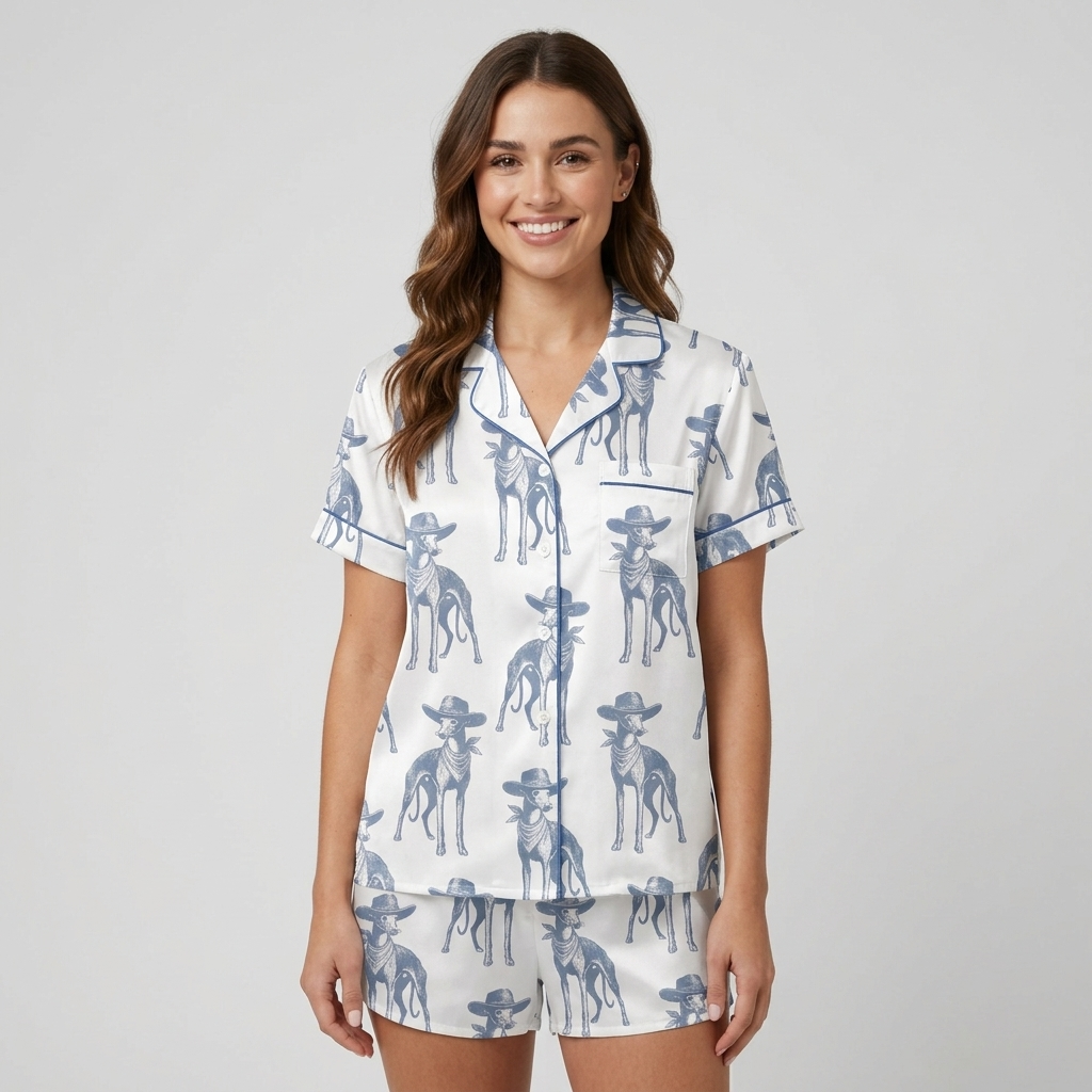 Women's satin pajama set with slate blue whippets in tiny cowboy hats on white with blue piping - short sleeve and shorts