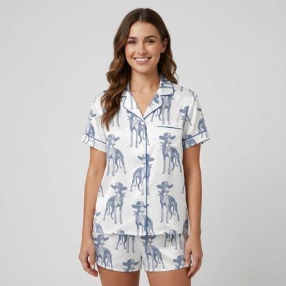 Women's satin pajama set with slate blue whippets in tiny cowboy hats on white with blue piping - short sleeve and shorts