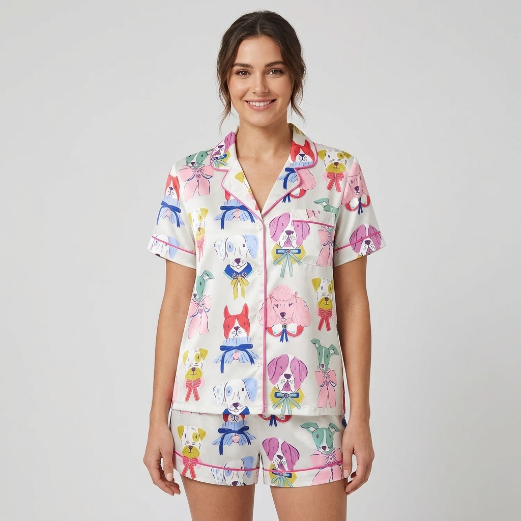 Women's satin pajama set with pastel pup faces tied in satin ribbons on white - short sleeve and shorts