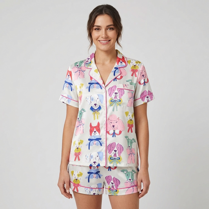 Women's satin pajama set with pastel pup faces tied in satin ribbons on white - short sleeve and shorts