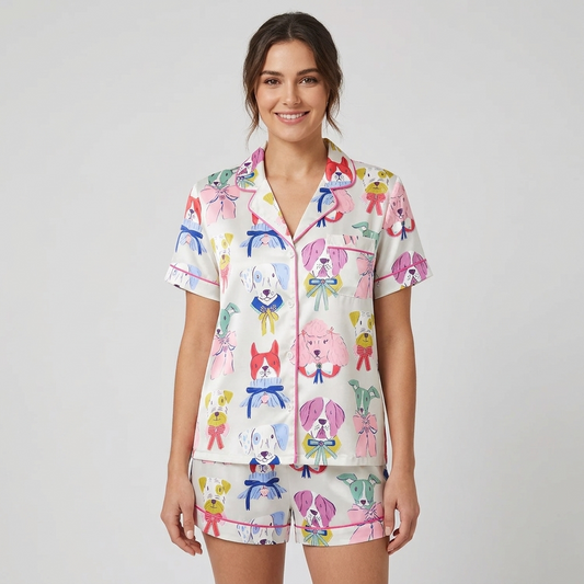 Women's satin pajama set with pastel pup faces tied in satin ribbons on white - short sleeve and shorts