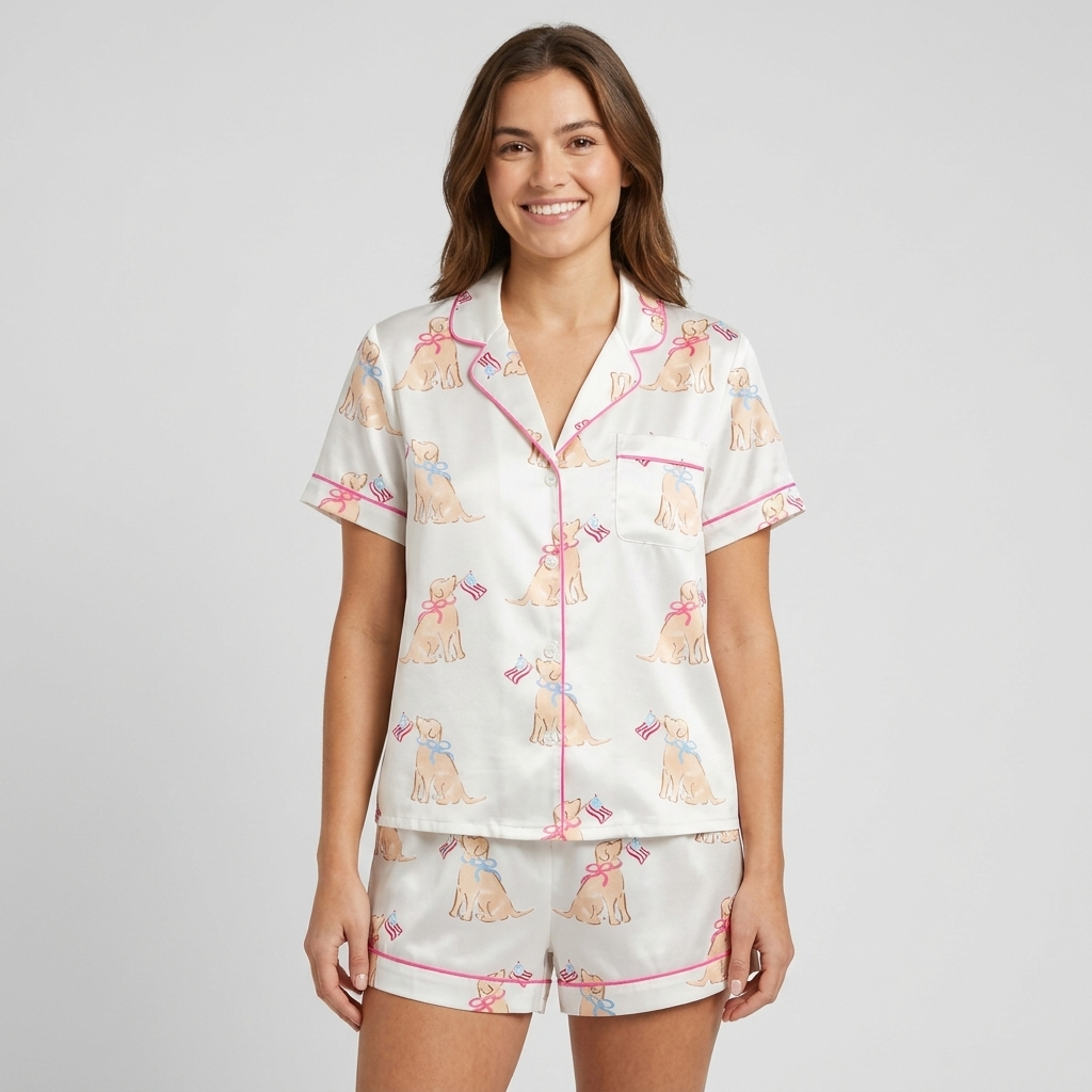 Women's satin pajama set with golden retriever puppies in bows holding tiny flags on soft cream - short sleeve and shorts