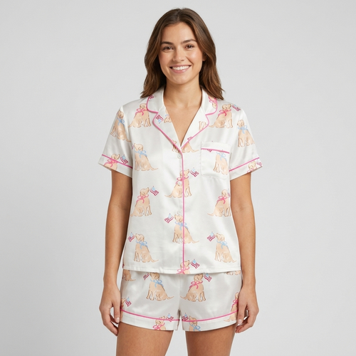 Women's satin pajama set with golden retriever puppies in bows holding tiny flags on soft cream - short sleeve and shorts