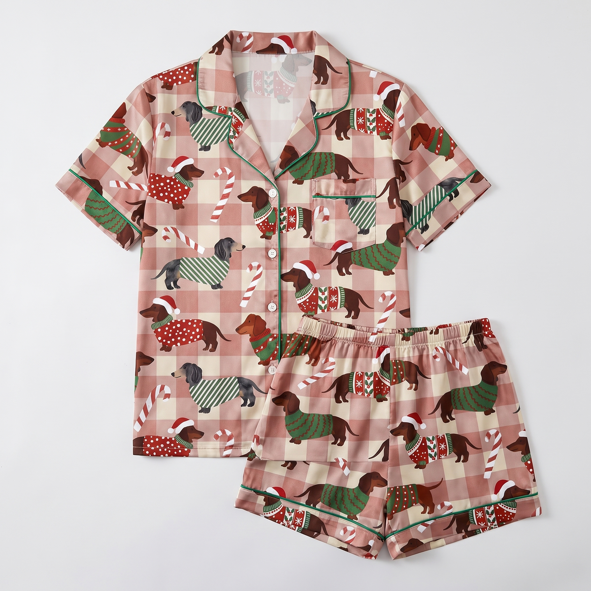 Dachshund Plaid Women's Pajama Set - flat lay