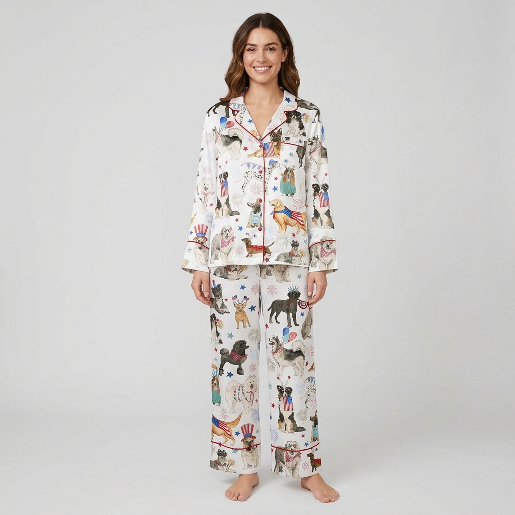 Women's satin pajama set with poodles, retrievers, huskies and dachshunds in Uncle Sam hats with fireworks on white - long sleeve and pants