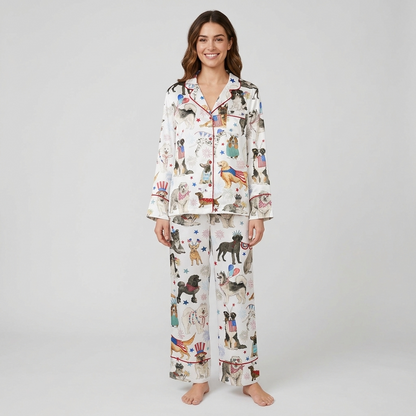 Women's satin pajama set with poodles, retrievers, huskies and dachshunds in Uncle Sam hats with fireworks on white - long sleeve and pants