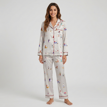Women's satin pajama set with tiny illustrated people strolling and jogging with their dogs on white - long sleeve and pants