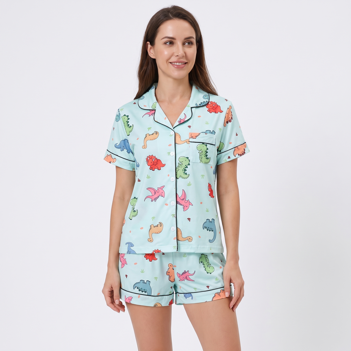 Dino Dreams Women's Pajama Set - Mint - short sleeve and shorts
