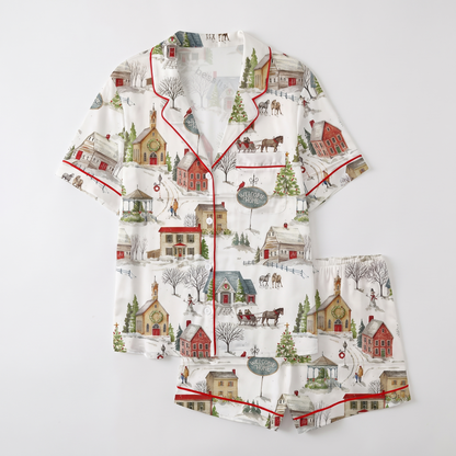 Snowy Christmas Village Women's Pajama Set - flat lay