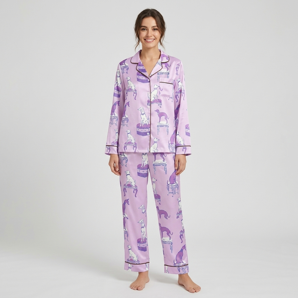 Women's satin pajama set with lilac and white greyhounds on antique stools on soft lavender with brown piping - long sleeve and pants
