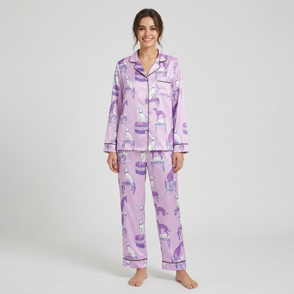 Women's satin pajama set with lilac and white greyhounds on antique stools on soft lavender with brown piping - long sleeve and pants