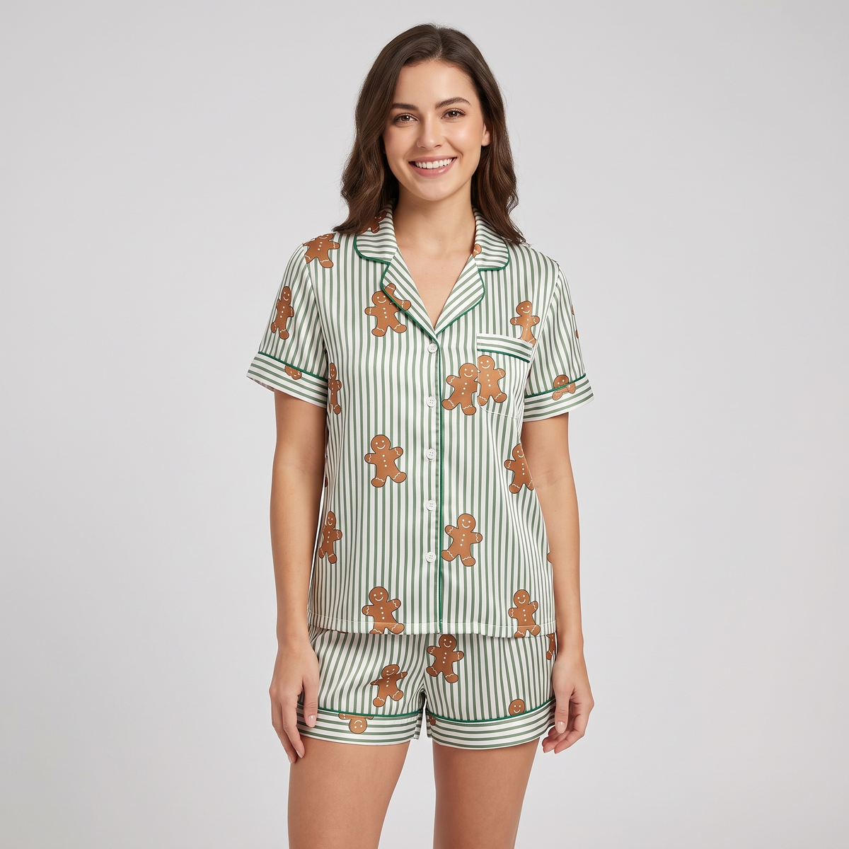 Gingerbread Pinstripes Women's Pajama Set - short sleeve and shorts