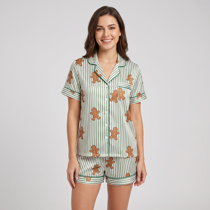 Gingerbread Pinstripes Women's Pajama Set - short sleeve and shorts