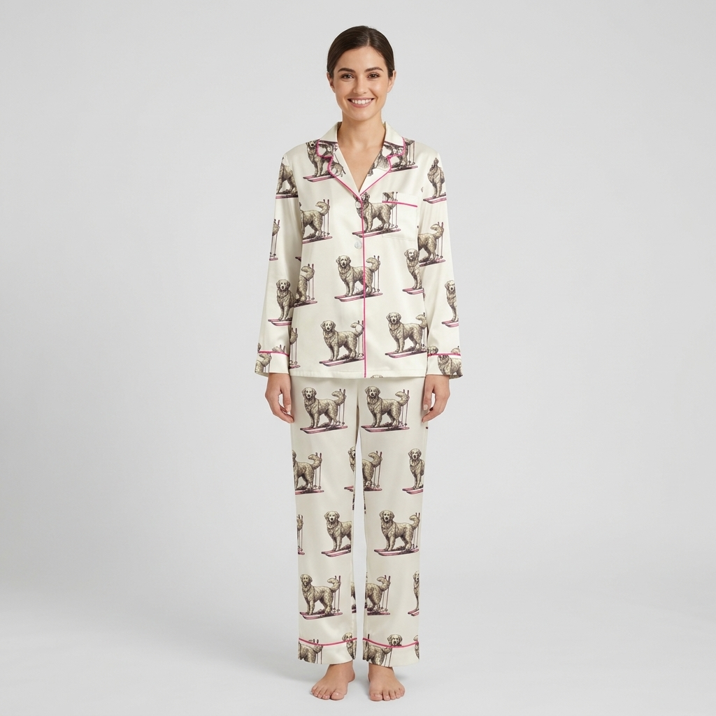 Women's satin pajama set with sketched golden retrievers skiing on pink skis on snowy white - long sleeve and pants