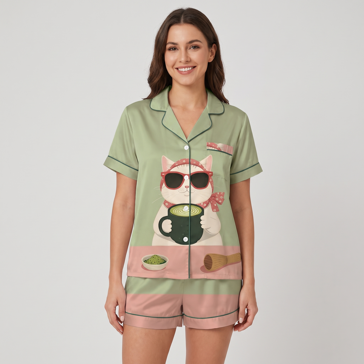 Matcha Cat Women's Pajama Set - short sleeve and shorts