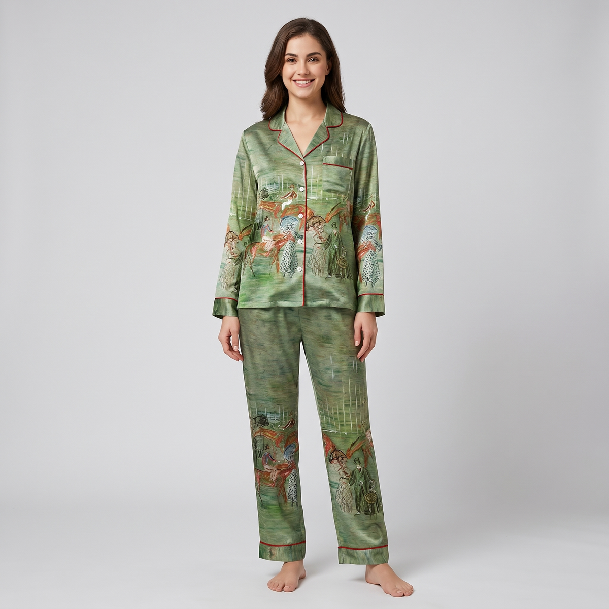 Sage Racecourse Impressionist Horses Women's Pajama Set - long sleeve and pants
