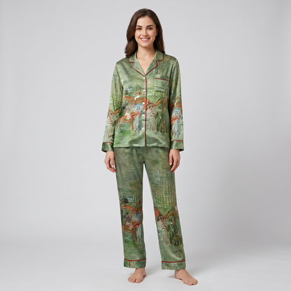 Sage Racecourse Impressionist Horses Women's Pajama Set - long sleeve and pants