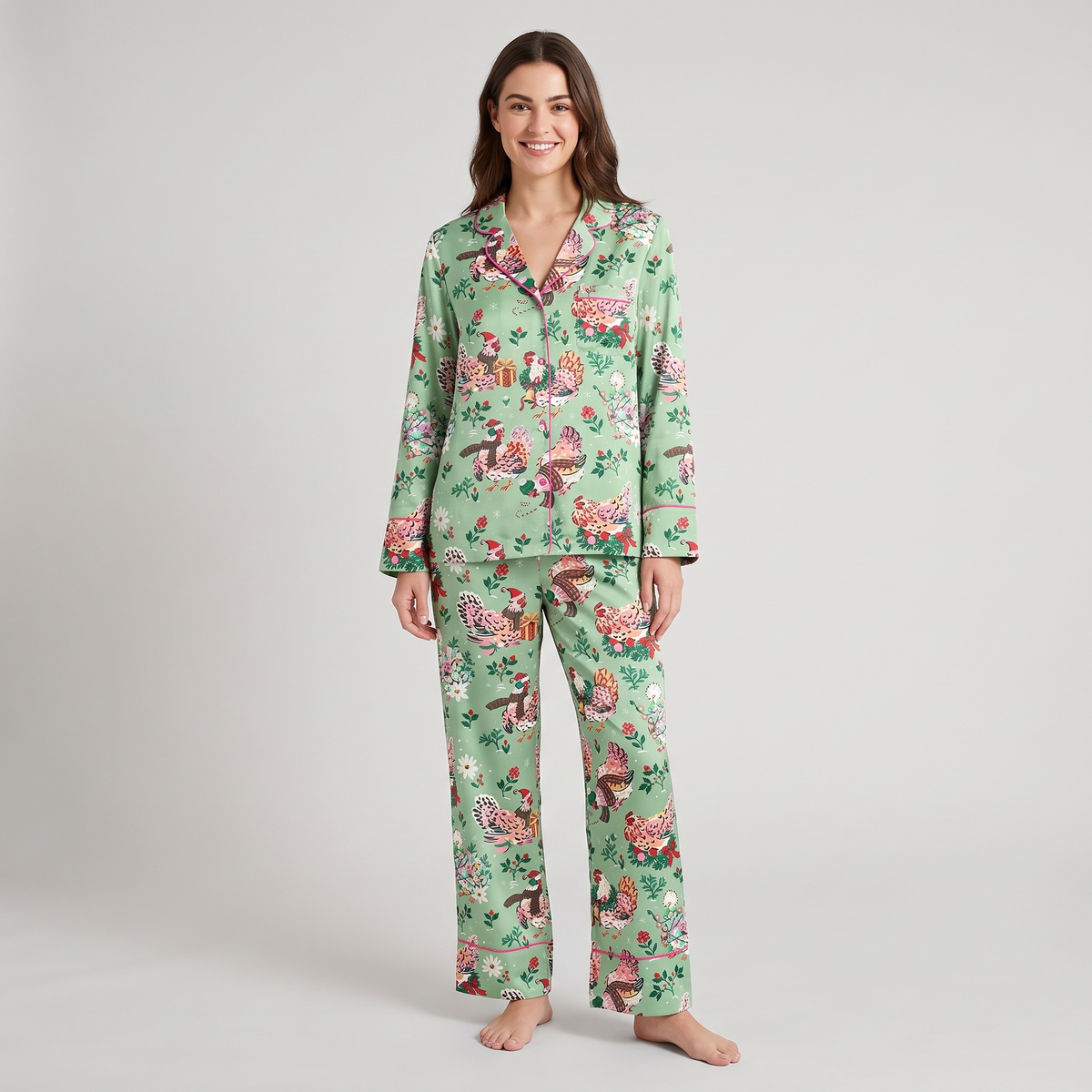 Holly Jolly Hens Women's Pajama Set - long sleeve and pants