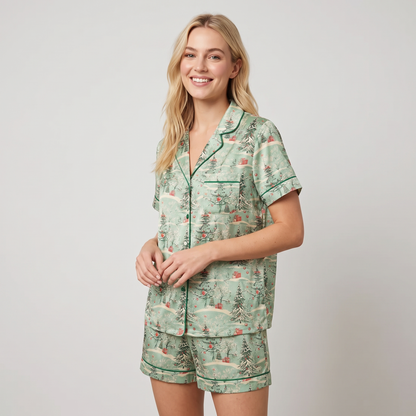 Sage Snowy Pines Women's Pajama Set - short sleeve and shorts