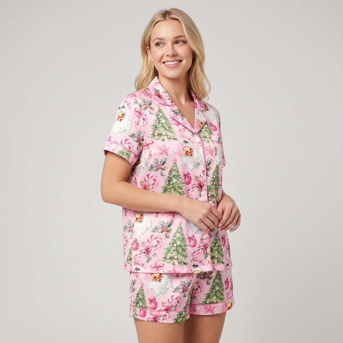 Pink Santas & Trees Women's Pajama Set - short sleeve and shorts