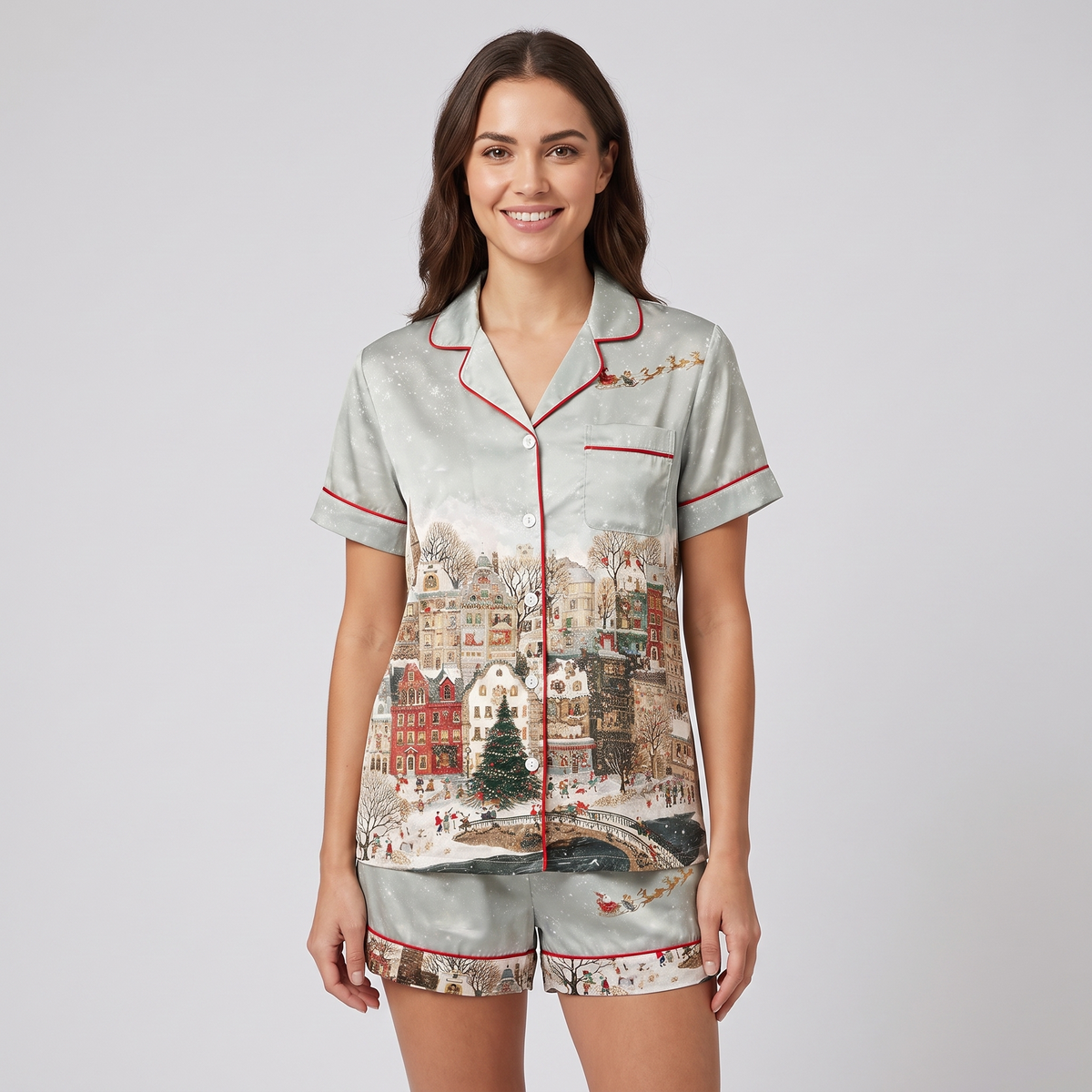 Whimsical Winter Village Women's Pajama Set - short sleeve and shorts