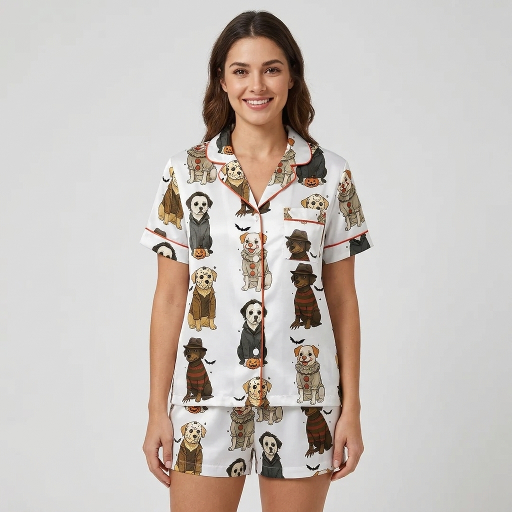 Women's satin pajama set with dogs in Halloween masks, hoods and hats beside jack-o'-lanterns on white - short sleeve and shorts