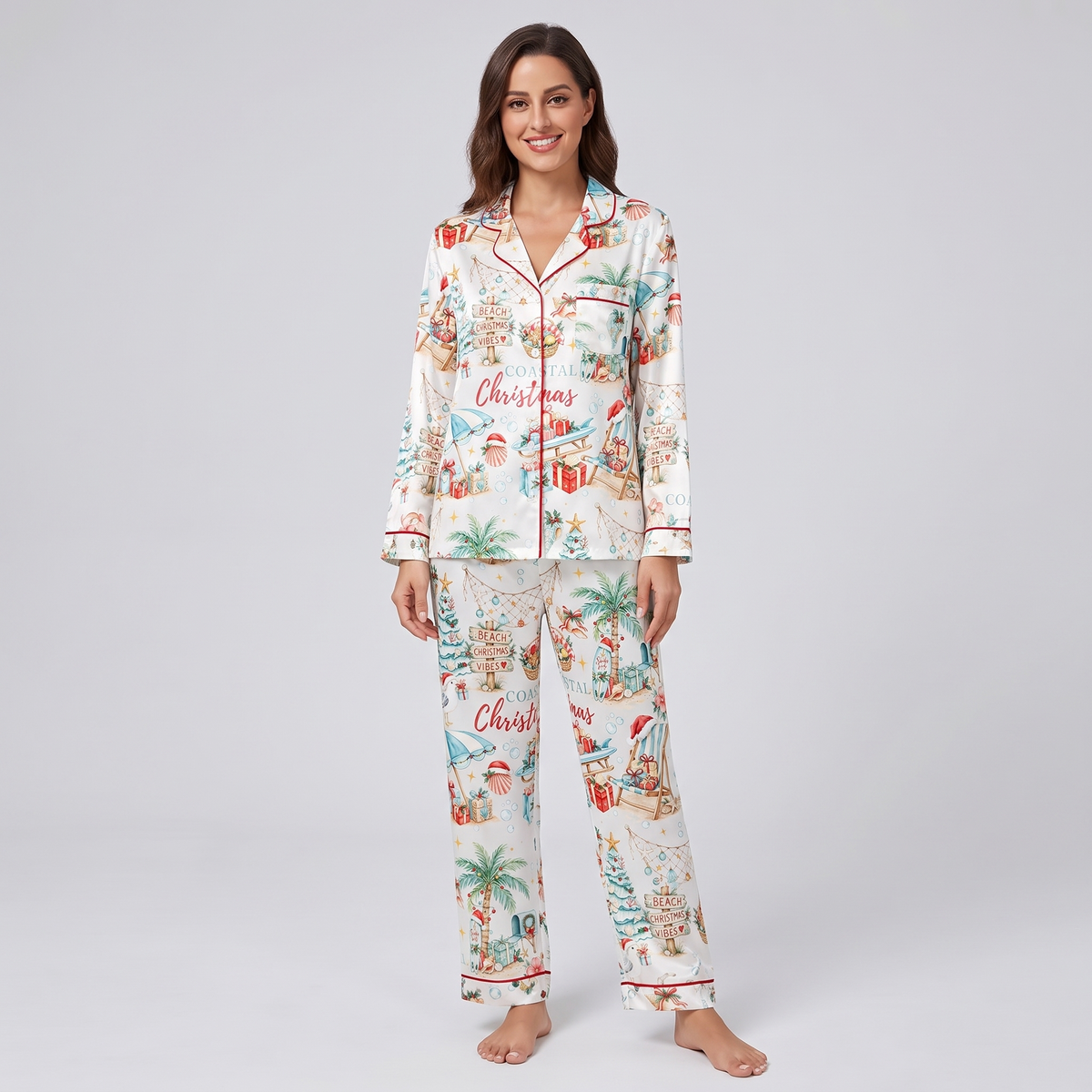 Coastal Christmas Seashells Women's Pajama Set - long sleeve and pants