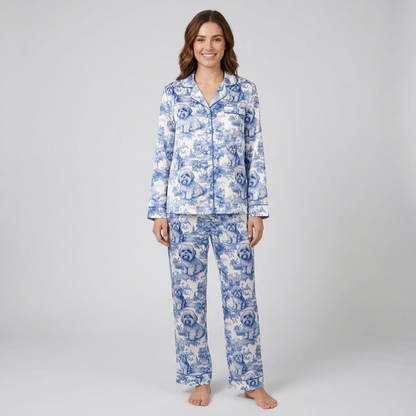 Women's satin pajama set with shih tzus in a blue toile landscape of cottages and hills on white - long sleeve and pants