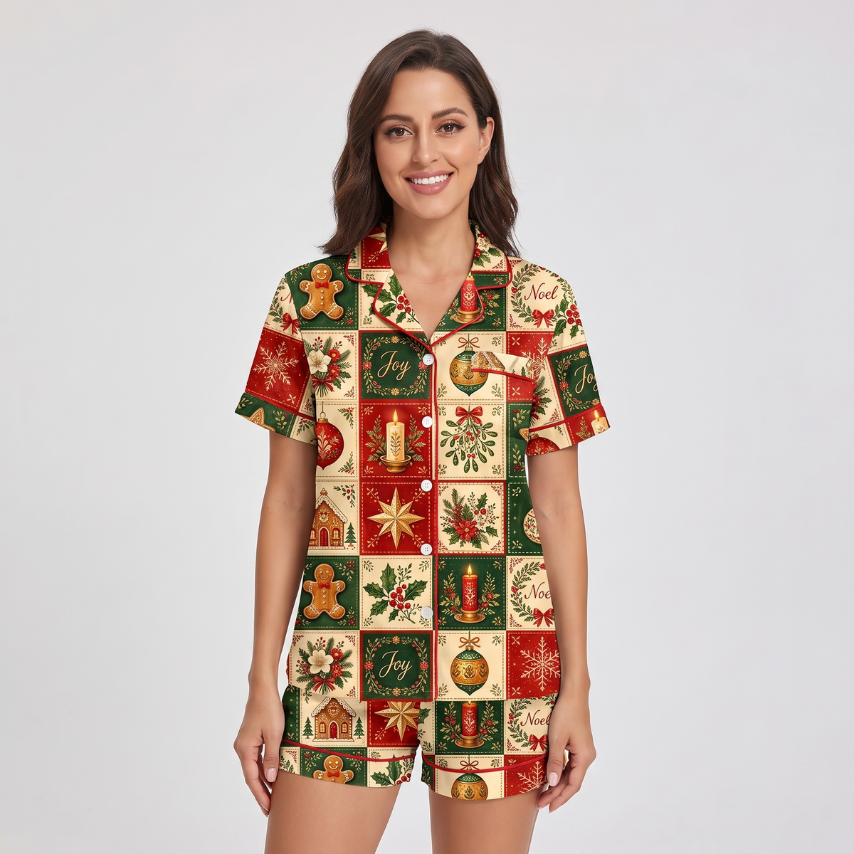 Vintage Christmas Quilt Women's Pajama Set - short sleeve and shorts