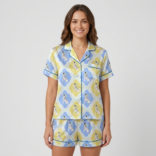 Women's satin pajama set with dalmatians in scalloped yellow and blue frames on light blue - short sleeve and shorts
