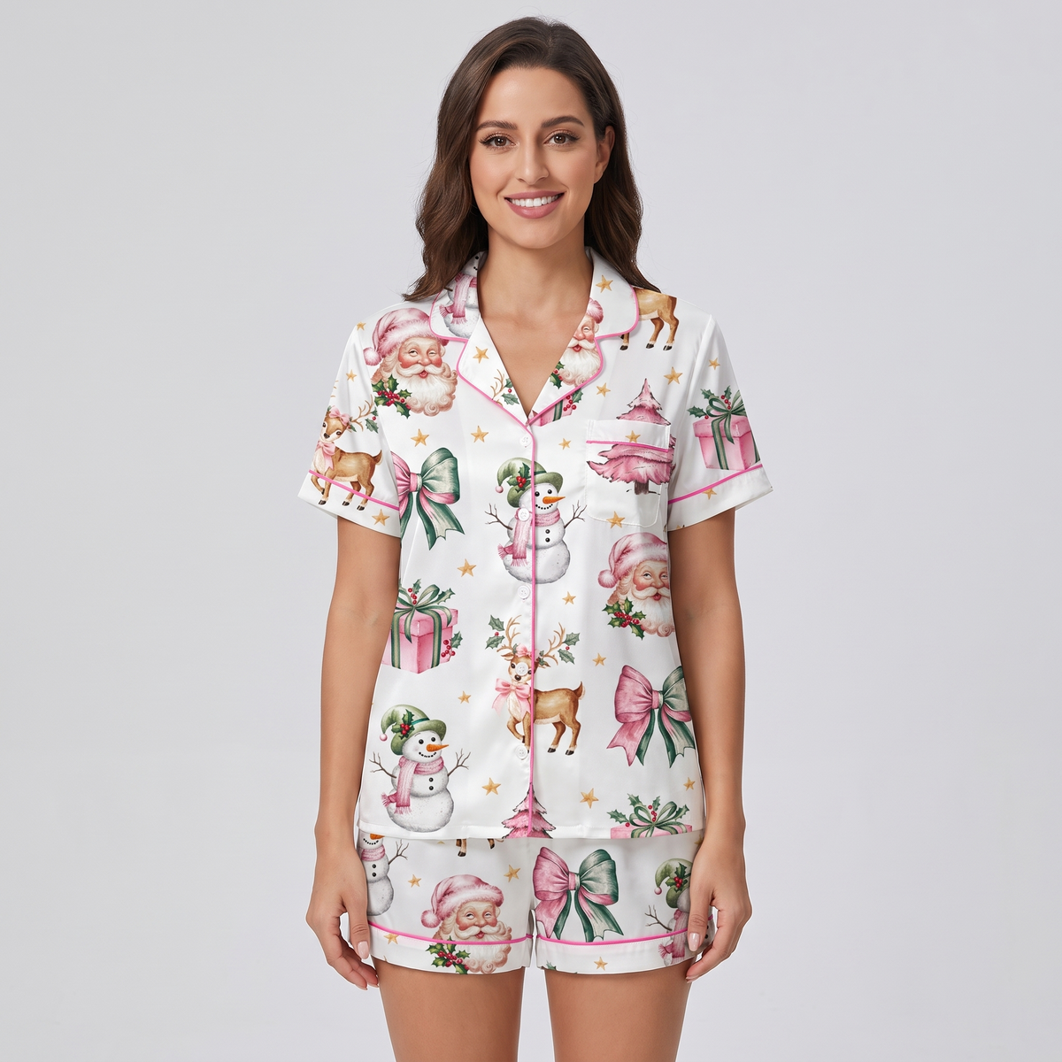 Pink Coquette Snowman & Reindeer Women's Pajama Set - short sleeve and shorts