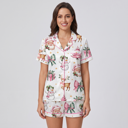 Pink Coquette Snowman & Reindeer Women's Pajama Set - short sleeve and shorts