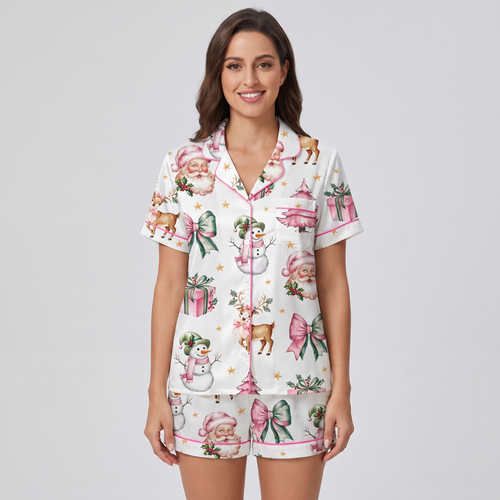 Pink Coquette Snowman & Reindeer Women's Pajama Set - short sleeve and shorts
